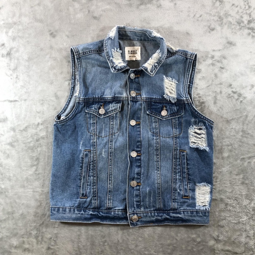Almost Famous Denim Vest Juniors Medium Blue Distressed Button Front Sleeveless